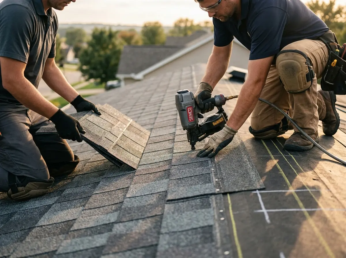 Professional roofer working on a residential roof in Newburgh